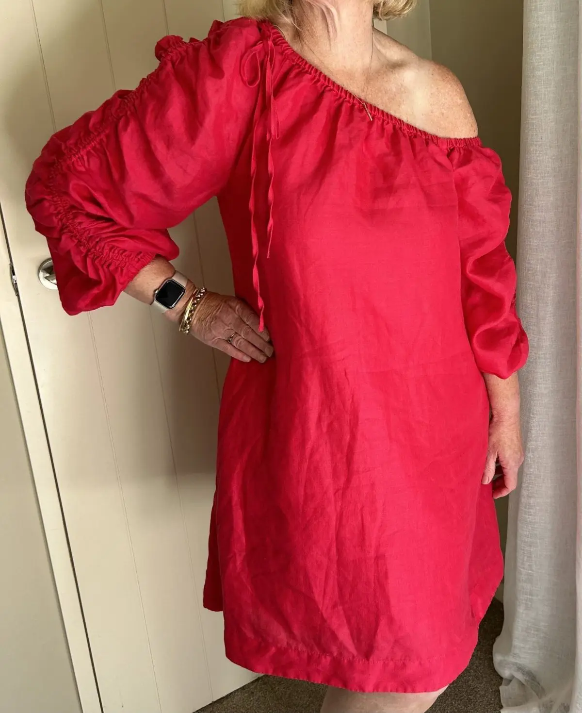 Off the shoulder red cotton lined Country Road dress with rouched sleeves