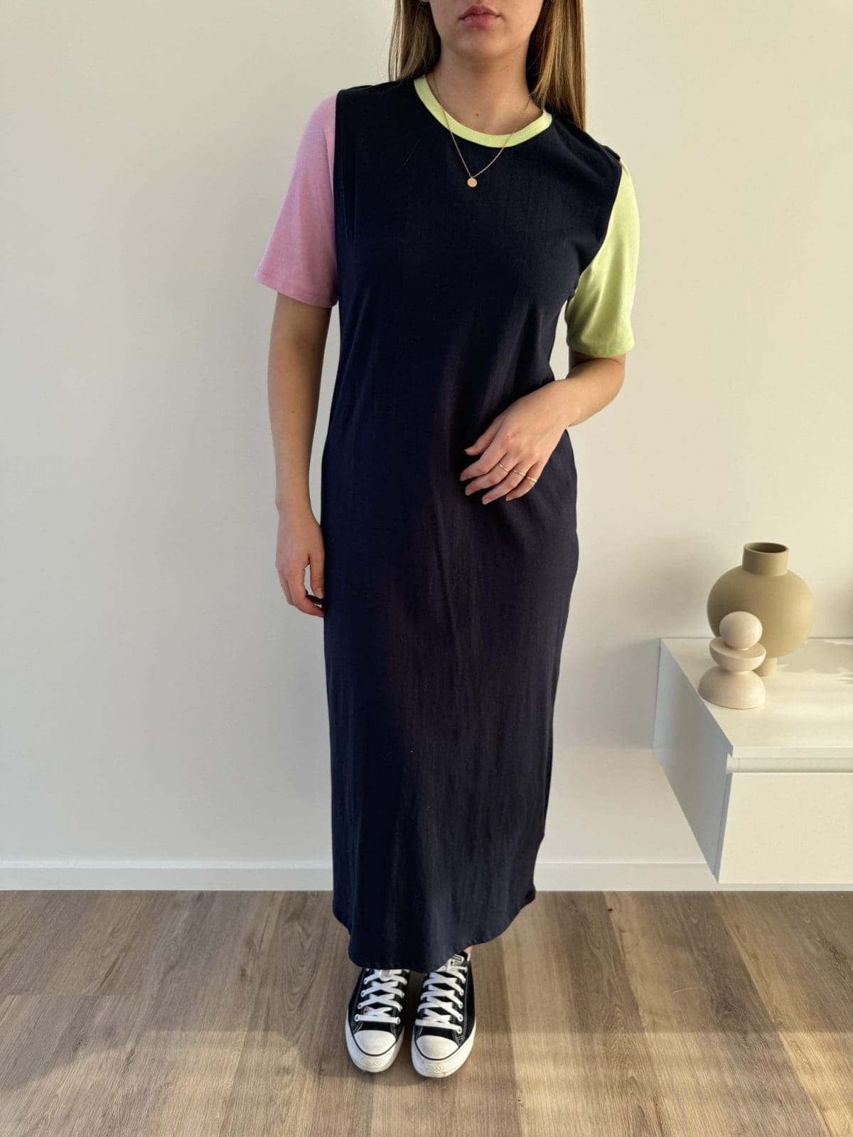 ELM Dark Blue Long Dress with pink and green sleeves