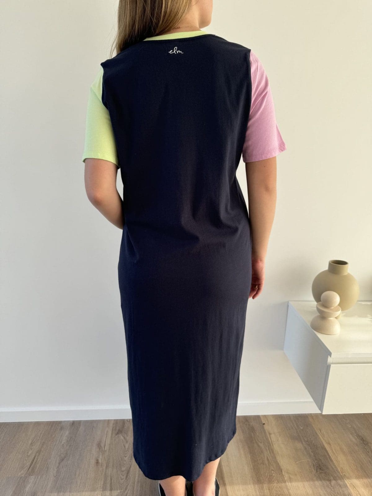 ELM Dark Blue Long Dress with pink and green sleeves