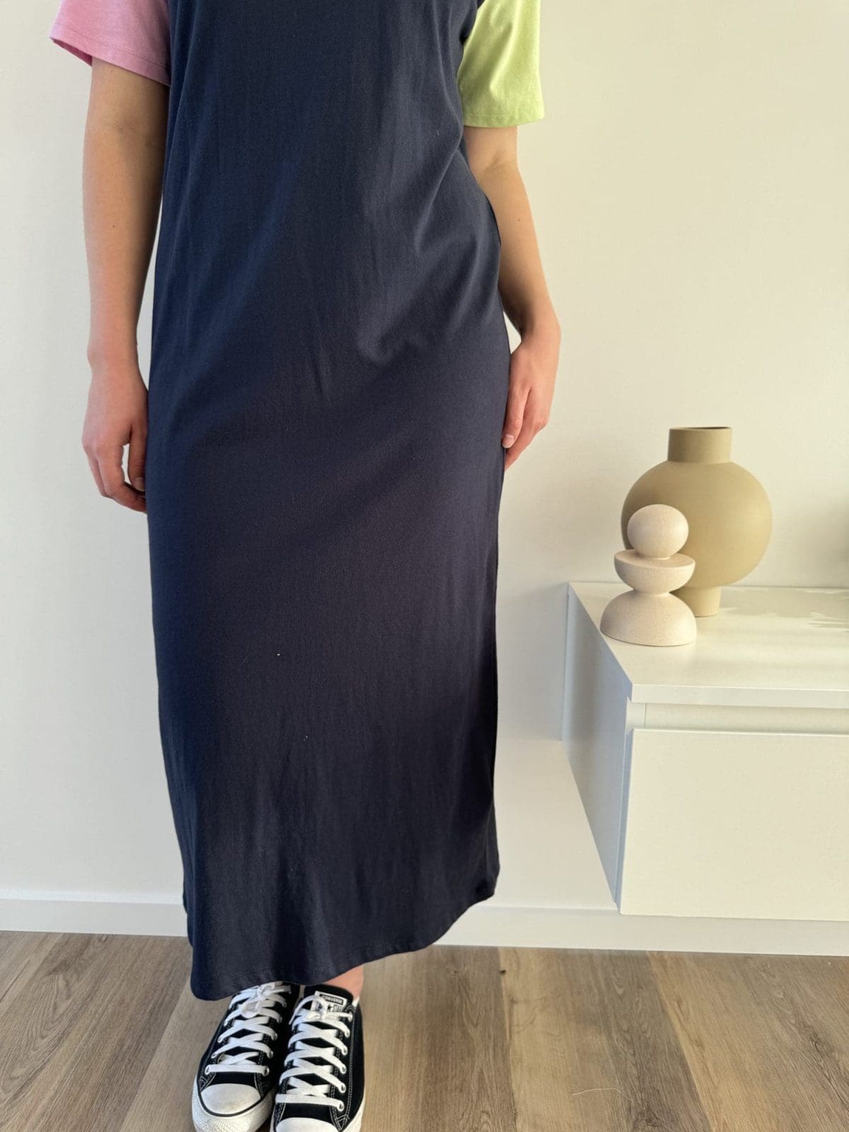 ELM Dark Blue Long Dress with pink and green sleeves