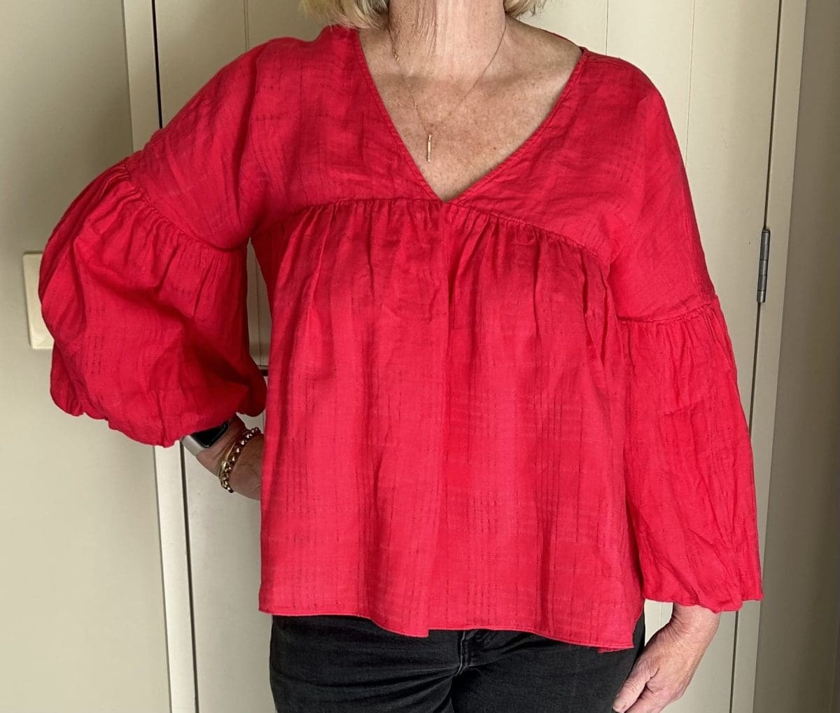 Red Country Road shirt with puffed sleeves and back neck detail