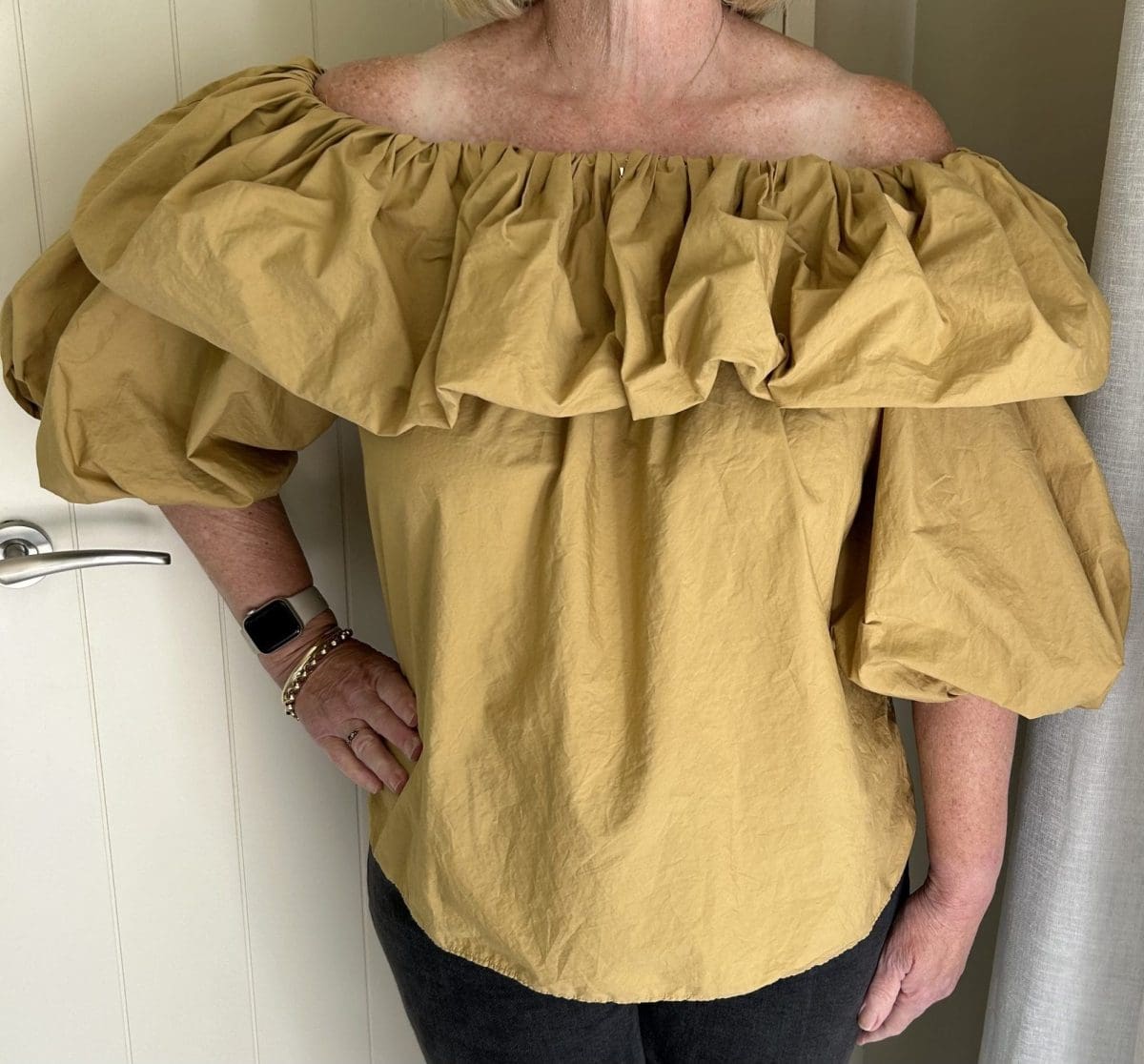 Mustard Country Road off the shoulder Cotton top